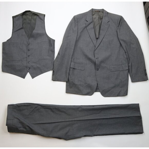 Vtg 70s Mens 46L Wool Pinstriped 3 Piece Suit Wedding Wide Leg Gray 38x34 USA